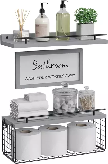 Floating Shelves with Bathroom Wall Décor Sign, Farmhouse Wood Bathroom