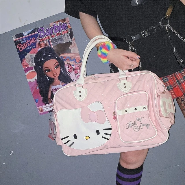 Cute Baby Pink Hello Kitty PVC Shiny Stitched Bow Handbag Duffle Bag Suitcase