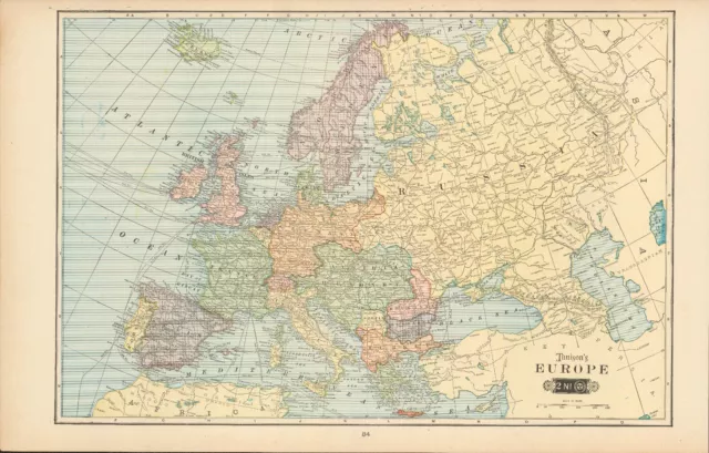 1901 Tunison Europe & South America antique map ~ 22.8" x 14.6" nice color