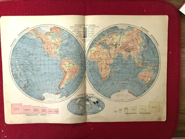 Vintage Color World Map of Population Density and Sea Level Printed 1883