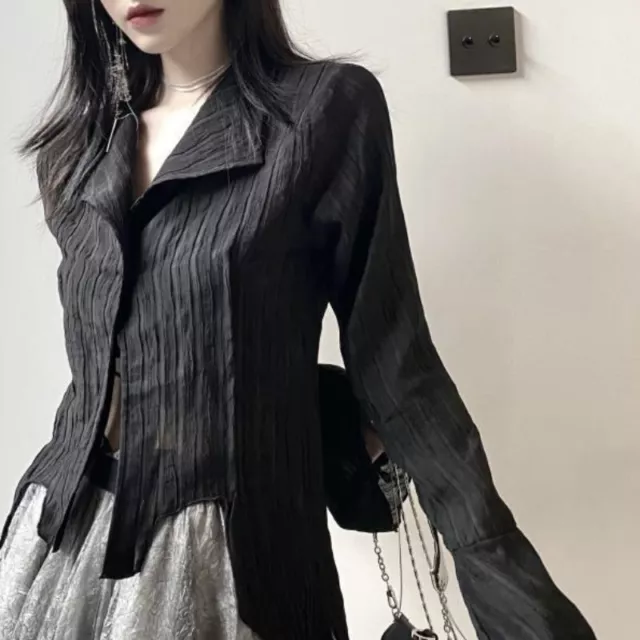 Womens Fashion Tops Gothic Black Lapel Collar Long Flare Sleeves Slim Fit Shirt