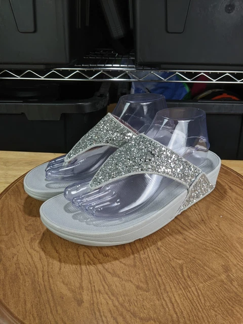 Fitflop Lulu Black Sparkle Crystal Wedge Flip Flops Woman's 9 Silver