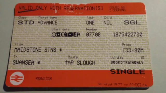 National Rail Single Tickets For Oct 6 2014 Maidstone-Paddington- Swansea Std