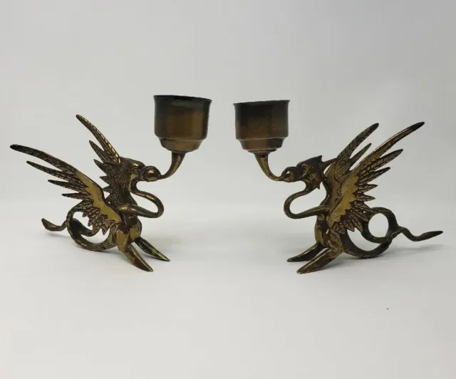 Solid Brass Phoenix Dragon Holder Griffin Candle stick Gryphon Antique Vintage