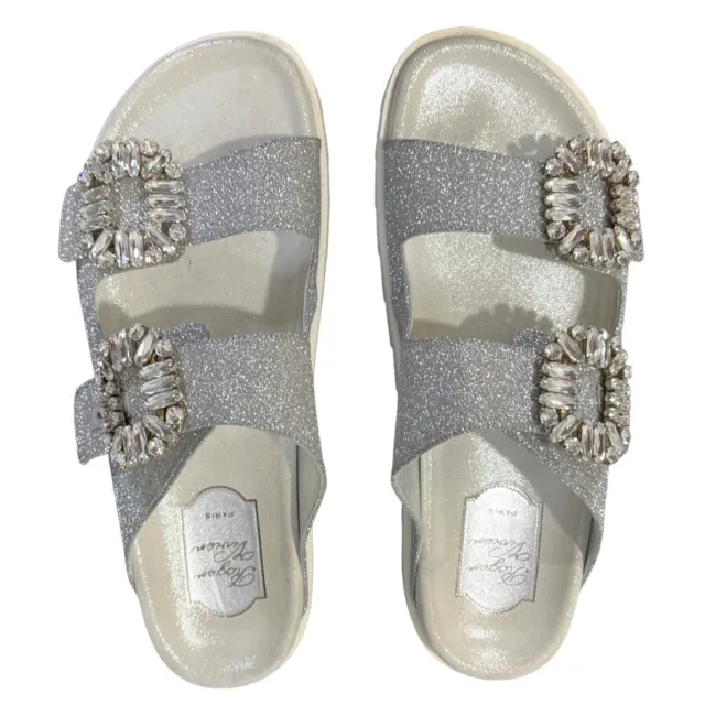 Roger Vivier Silver Leather Crystal Buckle Sandals Slides Size 39