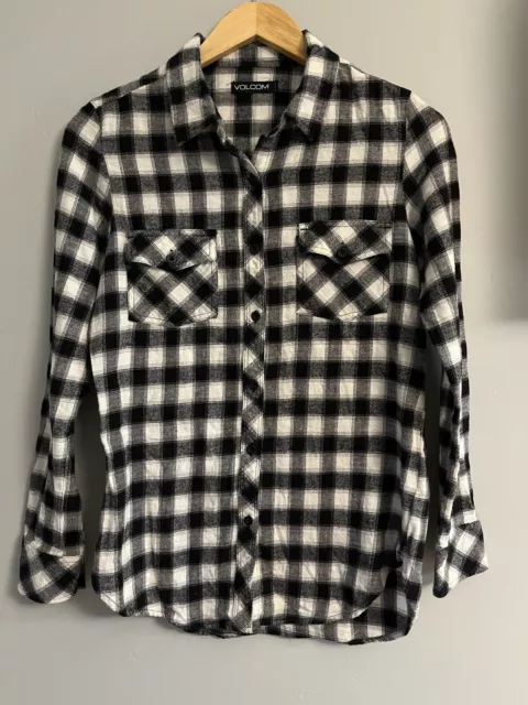 Volcom Women's Cozy Day Flannel Shirt Black White Button Down XS