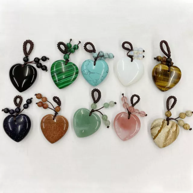 Natural Healing Crystal Heart Braided Knot Art Stone Pendant Keychain Jewelry