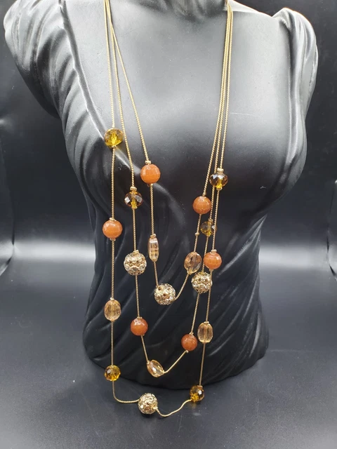Charming Charlie Triple Strand Gold Tone Scatter Beaded Necklace