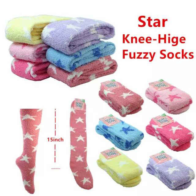 3~12 Pairs Women Girl Winter Socks Cozy Fuzzy Slipper Long Knee High Lot Star