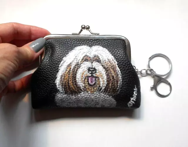 Tibetan Terrier Dog Hand Painted Coin Purse with Key Chain Vegan