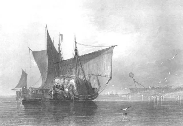 SAILBOAT SHIP  in YARMOUTH HARBOR ~ Old 1836 Nautical Marine Art Print Engraving