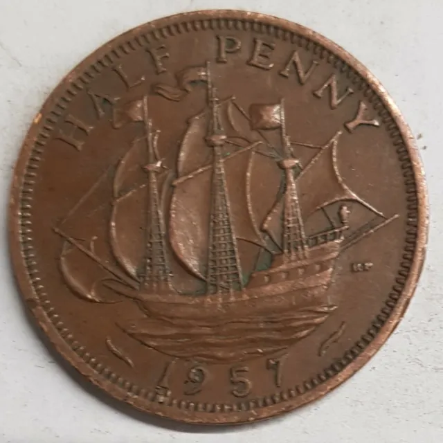 Old Coin 1957 Ship Halfpenny British