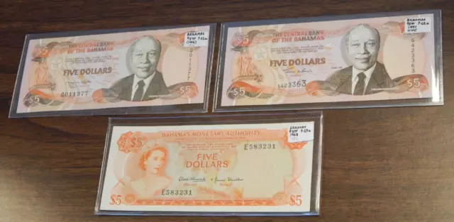 1968 & 1995 & 1997 - Bahamas Five Dollars - $5 - Sharp XF+ & AU & UNC