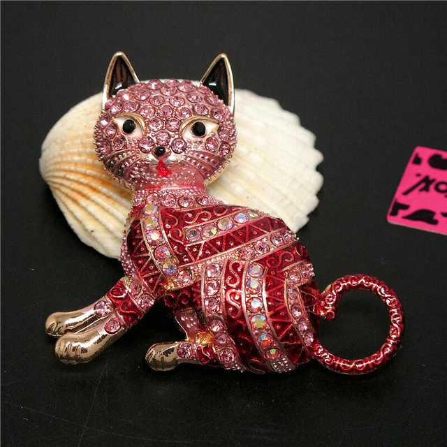 New Pink Bling Rhinestone Cute Cat Crystal Fashion Women Charm Brooch Pin Gift