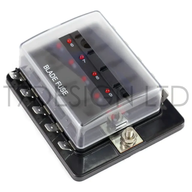 10 Way LED Fuse Box Holder for Standard Blade Fuses with Warning Light 12V 24V