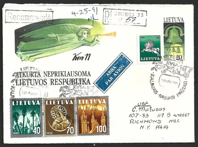 AOP Lithuania 1991 KAUNAS registered cover to USA