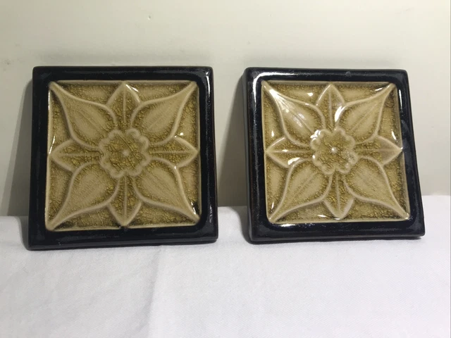 2 Antique Trenton Majolica Glazed Tile  brown 3"x7/8"