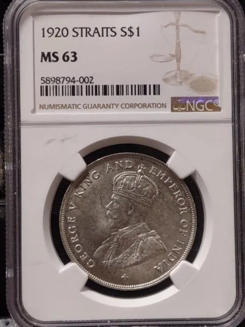 Straits Settlements KM33 Silver Dollar 1920 NGC MS 63 S$1