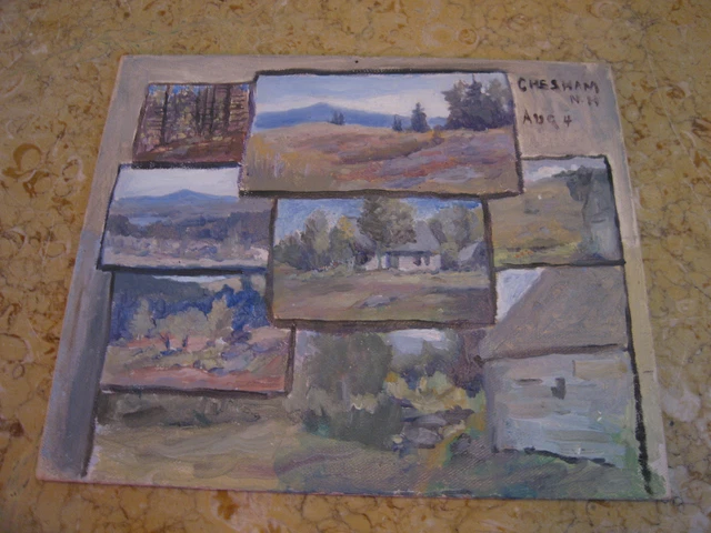 Vtg Antique Early 20th Century E Un Trego Oil on Board Painting Views Chesham Nh