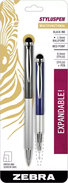 Zebra Pen Styluspen Telescopic Ballpoint Pen, Medium Point 1.0Mm  Black Ink 2 Ct