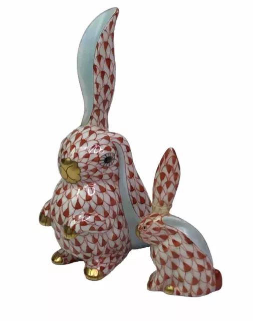 Pair Herend Hungary Red Fishnet Porcelain Bunnies Rabbits Collectible AS IS