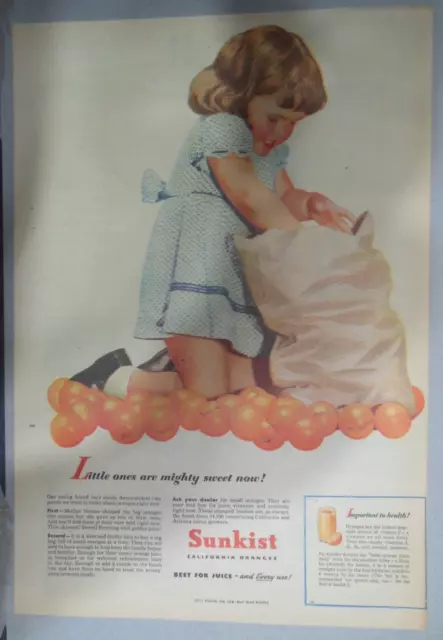 Sunkist California Oranges Ad: Little Ones Are Sweet ! 1940's Size: 11 x 15 inch