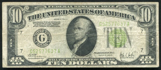 Fr 2003-G 1928-C $10 Ten Dollars Lgs Light Green Seal Frn Federal Reserve Note