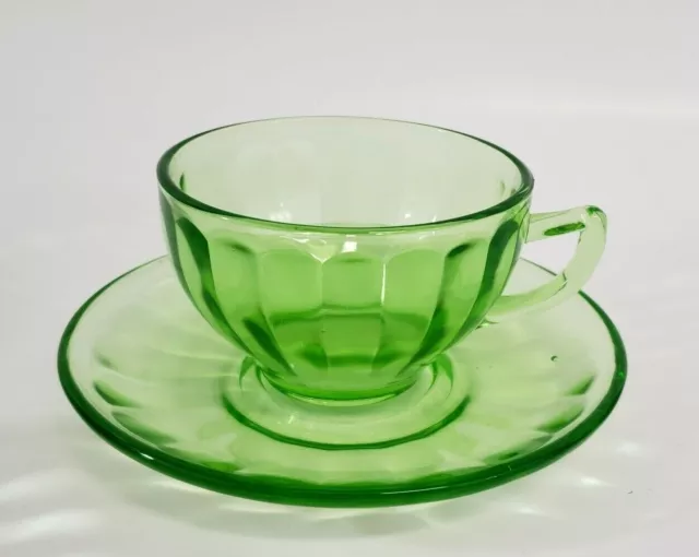 Green Depression Glass Tea Set Cup Saucer Federal Co Hostess  Panel Optic Rib