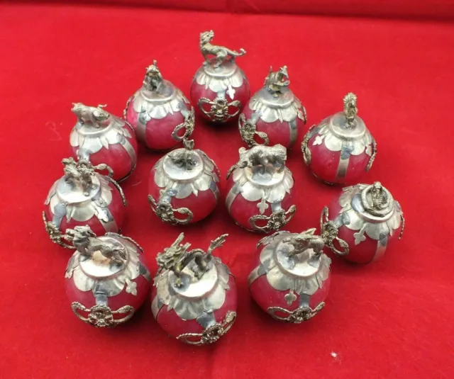 Old Decorated Handwork Inlay tibet-silver Dragon 12 Zodiac Red Jade Ball Statue 2