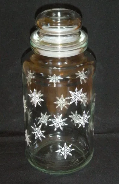 Anchor Hocking Clear Glass Tang Canister / Jar w/ Christmas Snowflakes & Lid