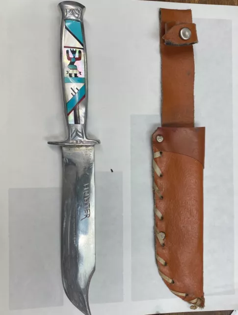Native American Turquoise & Coral & MOP Inlay Kachina Knife with Sheath LLL3