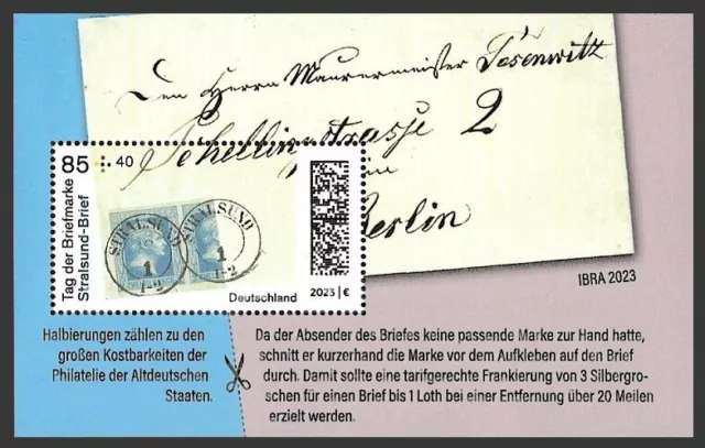 Bund Mi.Nr. Block 91** (2023) postfrisch/Tag der Briefmarke: Stralsund-Brief