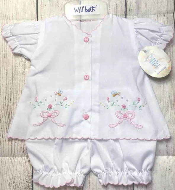 NWT Will'beth White Button Front Bow Emb Baby Girls Diaper Set Newborn Size 0