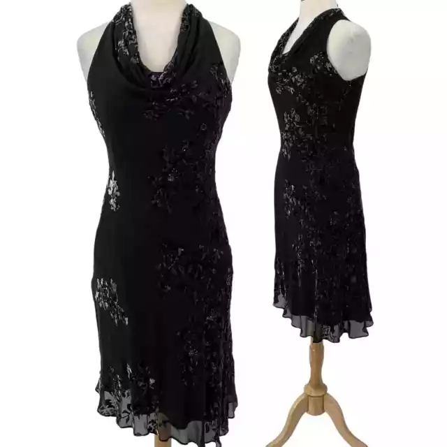 Vintage Jones New York Silk Velvet Burnout Floral Dress Cowl Beaded Black Gray 8