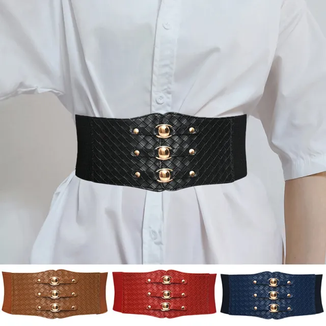 Super Wide Womens Faux Leather Elastic Stretchy Corset Cinch Belt Waistband