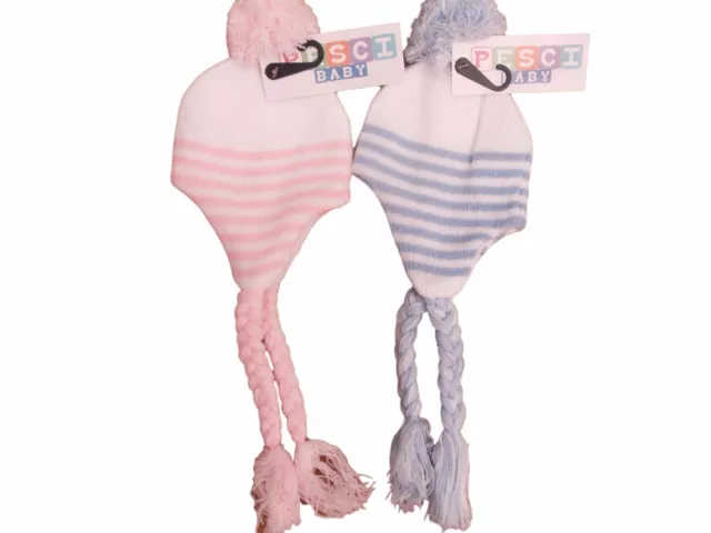 BNWT Baby girls  boys winter knitted stripey bobble hat pink or blue prem NB