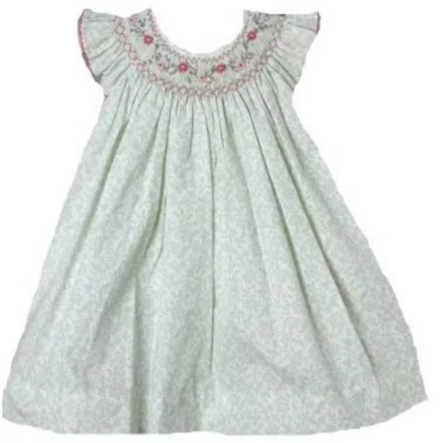 Posh Sweet Beautiful Angel Sleeve Green Floral Petit Ami Gold Girl Smocked Dress