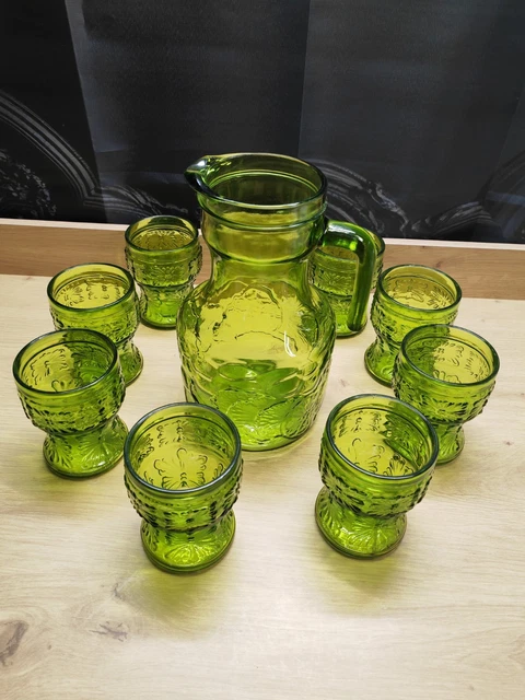 Carafe à orangeade en verre vintage décor pois orange jaune hauteur 21