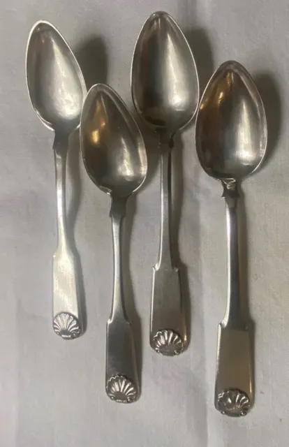 Antique Set-4 European-Unable To Read-Silver Teaspoons-Fiddle Back-Shell Finial