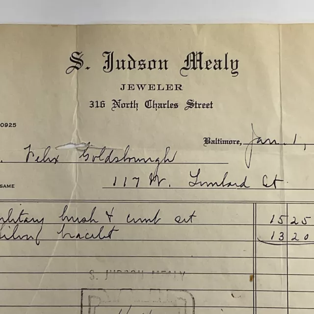 1943 Baltimore, Maryland S. Judson Mealy Jeweler Billhead Receipt Vintage