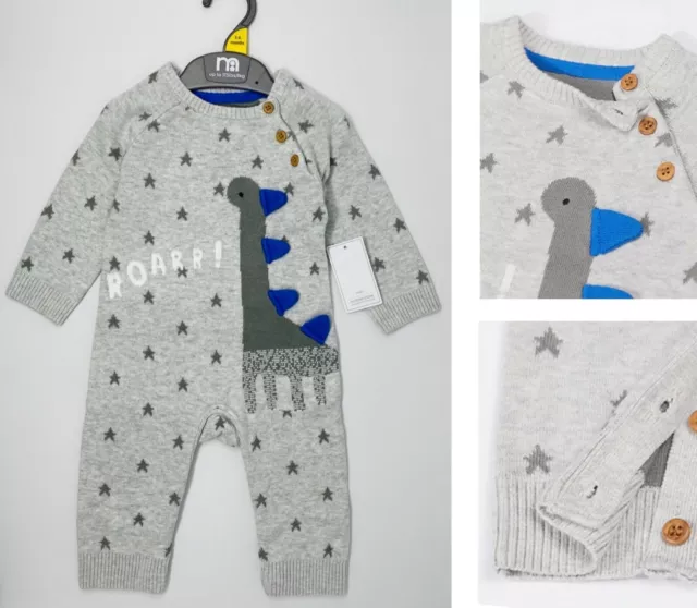 Mothercare Baby Boys Romper Grey Knitted Dinosaur Outfit All In One Outfit NEW