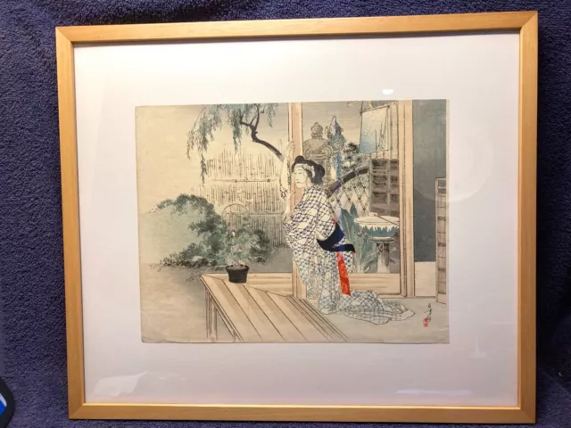 19TH C. JAPANESE  block Print Mizuno Toshikata, Kuchi-e Framed. "Weeping Geisha"