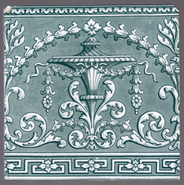 Minton, Hollins, & Co - c1886 - Geen NeoClassical Swag - Antique Victorian Tile
