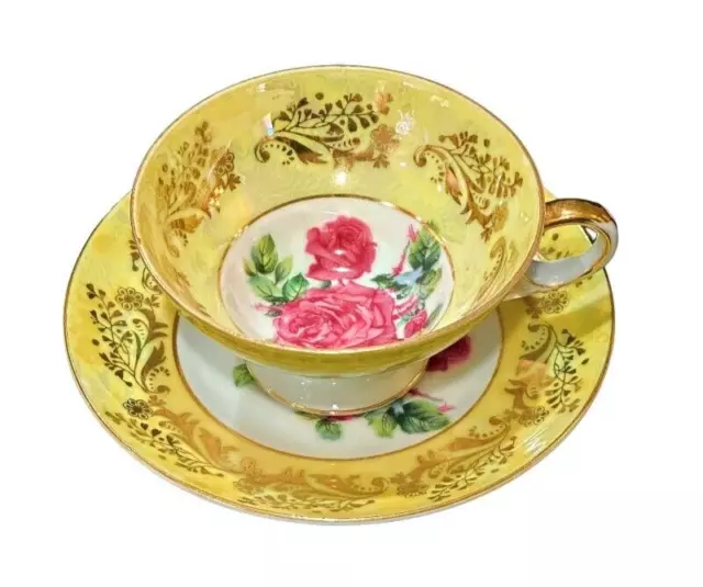 Royal Sealy China Japan Footed Tea Cup Saucer Yellow Pearl w Pink Roses Vintage