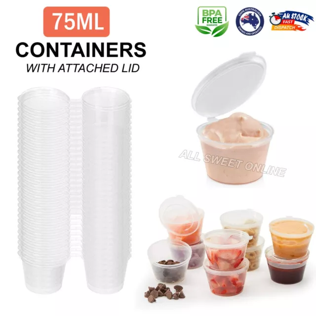 75ml Take Away Sauce Container with Hinged Lids Plastic Round Clear Leak Proof