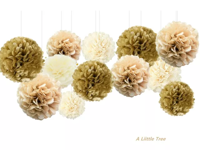12 Stck. Gold Champagner Elfenbein Stoff Papier Bommel Bommel Bommel Geburtstag Hochzeit (8 Zoll + 10 Zoll)
