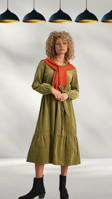 embroidered green dress Belted Corduroy Dress moss main image 1