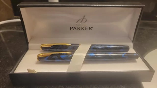 Parker Insignia Blue Lacquer 23k Gold Plated Nib Fountain Pen & Ball Point Pen