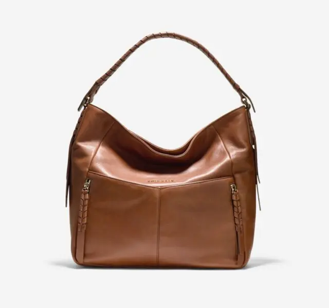 COLE HAAN Felicity Hobo Purse Cognac Brown Leather Braided Strap Shoulder Bag