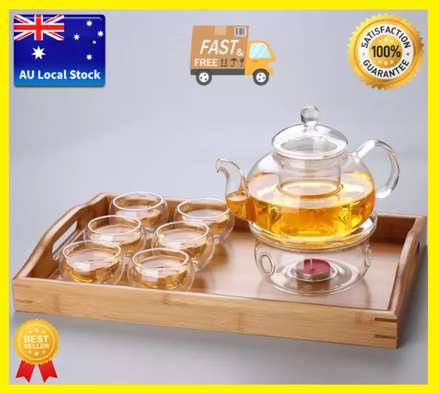 8 Piece Glass Tea Set 600ml Glass Teapot With Infuser + Teapot Warmer + 6 Cups